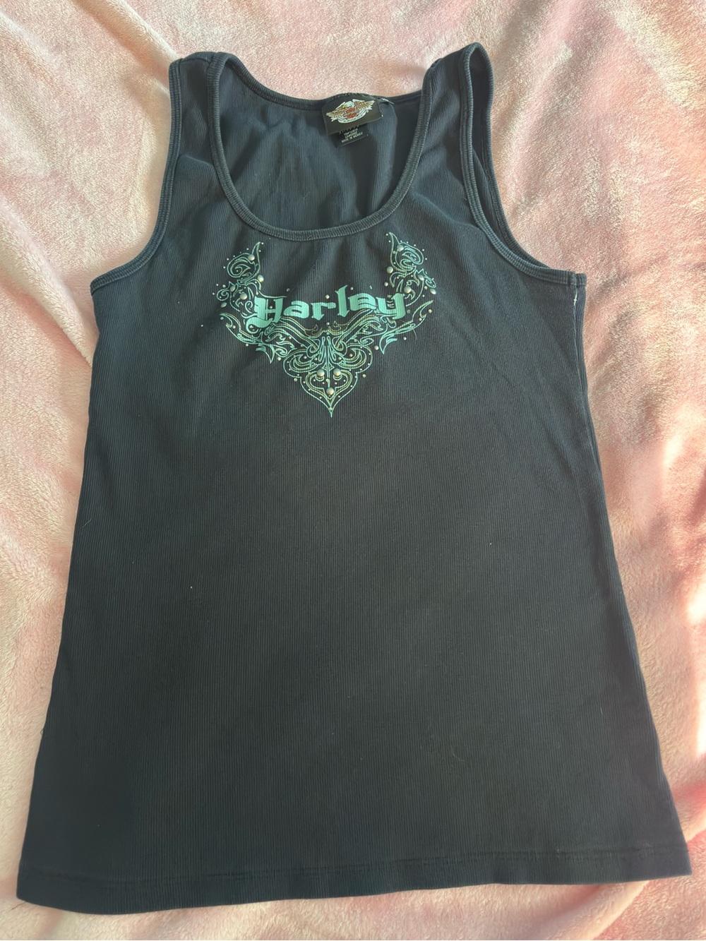 Vintage Harley Davidson Embellished Black and Blue Ribbed Scoop Neck Tank Top XL